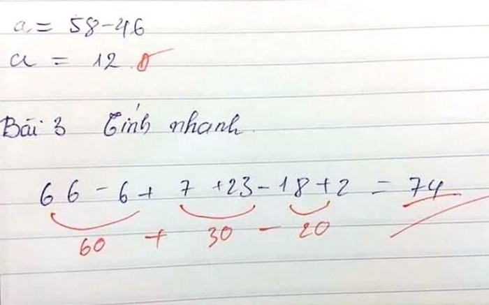Học sinh làm bài toán '66 - 6 + 7 + 23 - 18 + 2 = 74', cô giáo lại đưa ra kết quả gây tranh cãi Ảnh 2