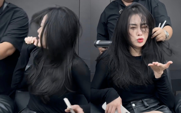 Phương Oanh vui vẻ trêu đùa, tự tin tạo dáng sau khi cắt được mái tóc ưng ý. Chụp màn hình từ Tiktok nam.hair84