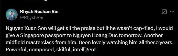 Rhysh Roshan Rai muốn trao ngay quốc tịch Singapore cho Hoàng Đức. Ảnh chụp màn hình