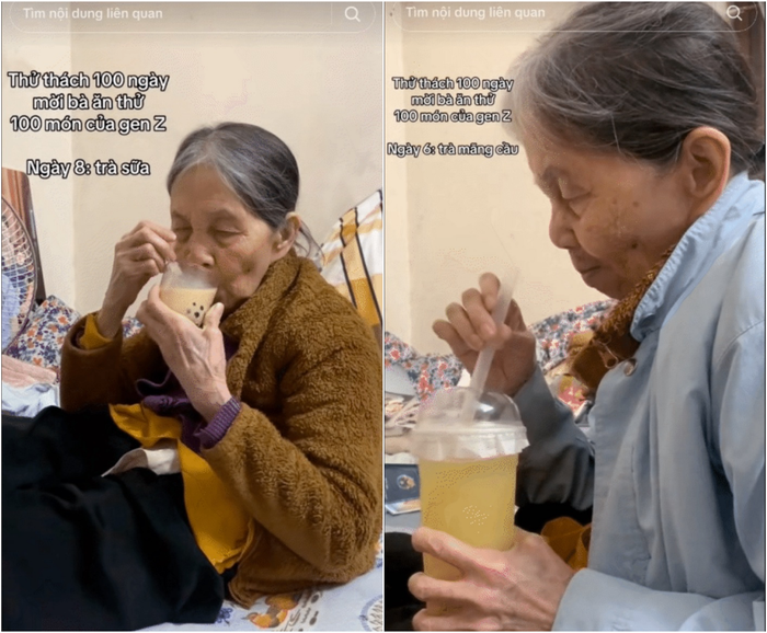 Bà ngoại được thưởng thức đồ uống do chính tay cháu gái tự làm. Ảnh: @ancungbangoai