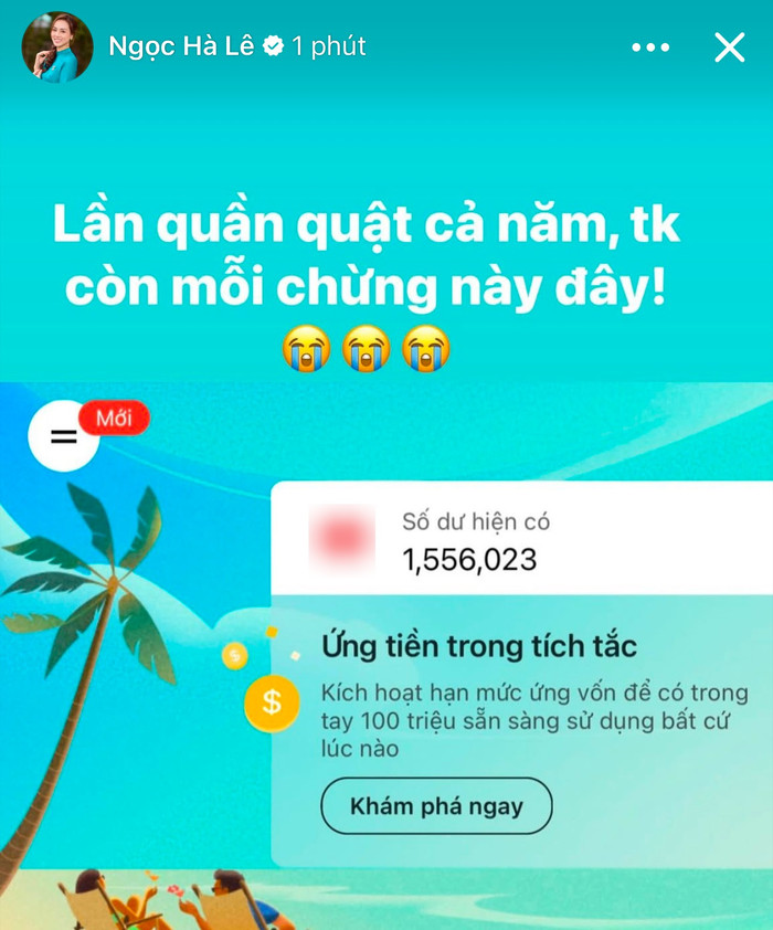 Vợ Công Lý để lộ số dư tài khoản hiện tại chỉ còn hơn 1 triệu đồng. (Ảnh: FBNV)