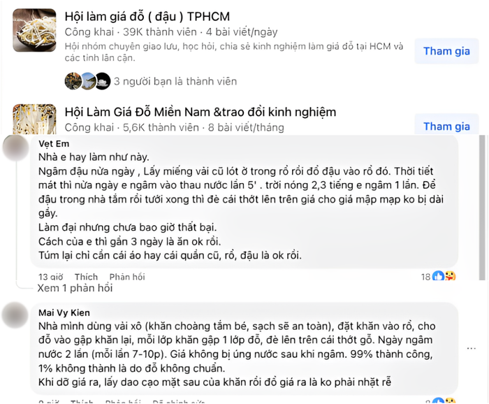 Nhiều hội nhóm bắt đầu hoạt động trở lại, nhiều bà nội trợ cũng chia sẻ bí quyết làm giá đỗ. Ảnh: MXH