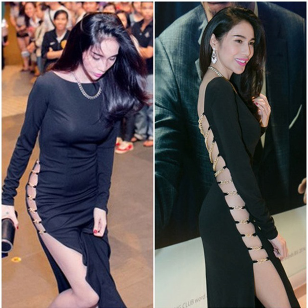 Một lần khác, Thủy Tiên chọn một thiết kế đen huyền bí với những đường cắt khoe trọn phần lưng và kéo dài tới đùi. Bộ váy không chỉ gây chú ý mà còn khiến nữ ca sĩ gặp khó khăn trong việc di chuyển, đặc biệt là khi bước lên cầu thang. Mỗi bước đi của cô đều làm khán giả lo lắng về khả năng xảy ra sự cố.