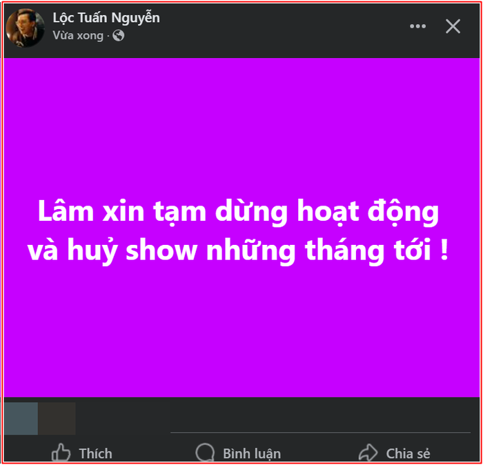 Hoài Lâm tuyên bố hủy show, tạm dừng hoạt động khiến khán giả lo lắng.
