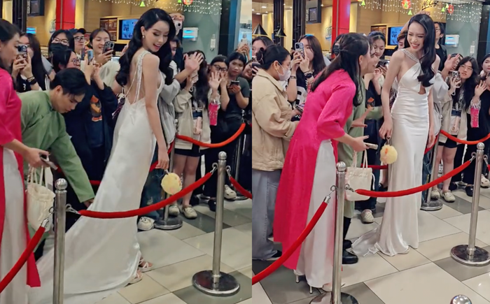 Hoa hậu Thanh Thủy có hành động tinh tế khi bị giẫm váy tại sự kiện.