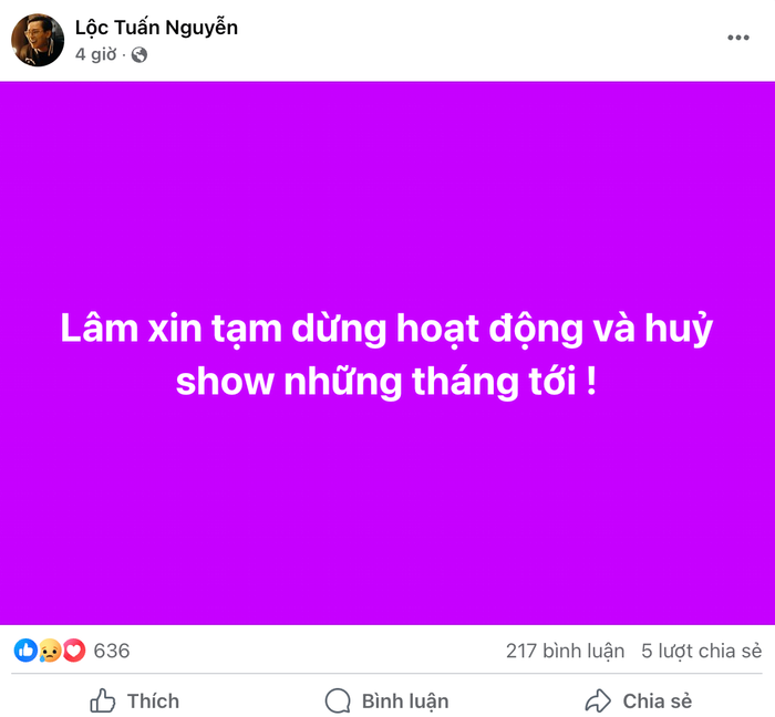 Bài viết thông báo huỷ show của Hoài Lâm đã nhận được nhiều sự quan tâm từ khán giả. Ảnh: FBNV