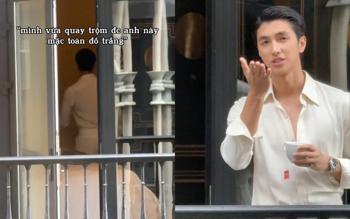 Á hậu Phương Nga hào hứng nói rằng 'mình vừa quay trộm được anh này mặc toàn đồ trắng' khi đăng video về chồng. Ảnh: Chụp màn hình