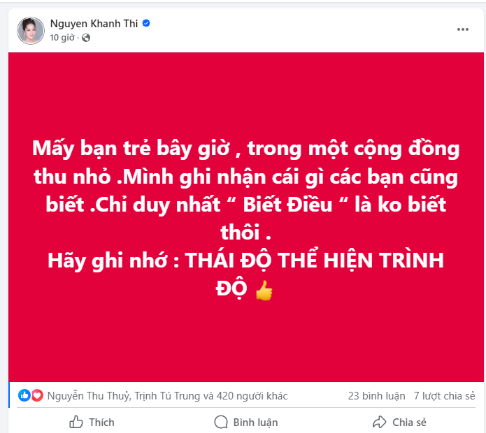 Khánh Thi bức xúc vì thái độ của một số bạn trẻ. (Ảnh chụp màn hình)