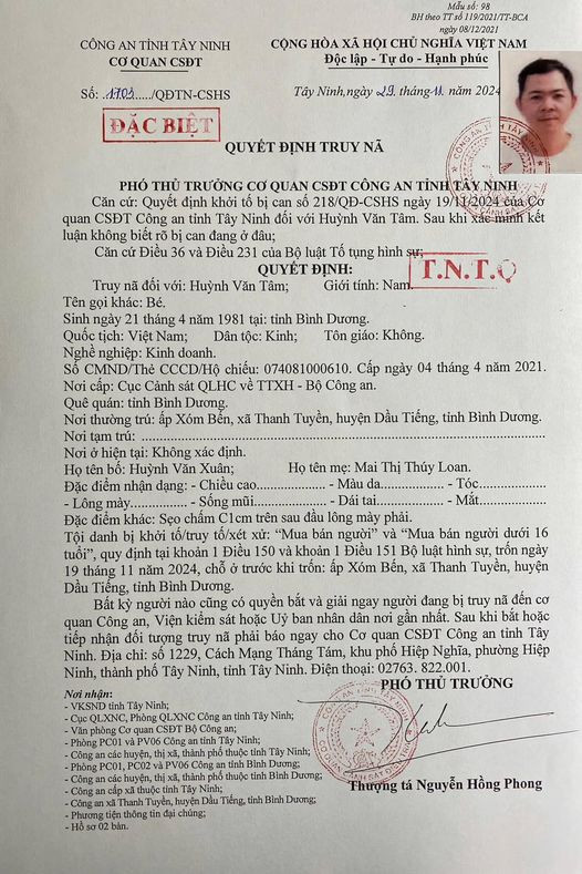 Quyết định truy nã đối tượng Huỳnh Văn Tâm. Ảnh: CAND.