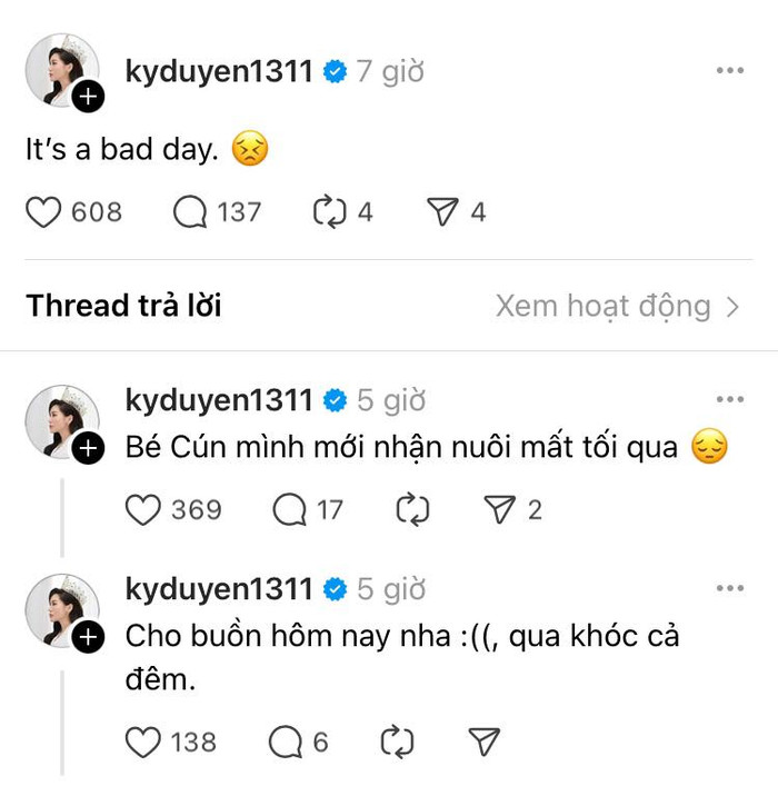 Hoa hậu Kỳ Duyên bất ngờ than buồn trên mạng xã hội vì bé cún nhận nuôi vừa mất.