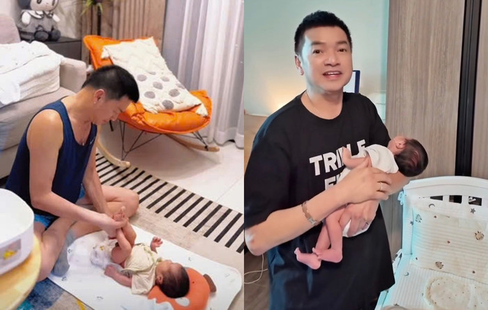 Dù lịch trình làm việc dày đặc nhưng Quang Minh vẫn dành thời gian để tự tay chăm sóc con trai nhỏ. (Ảnh FBNV)