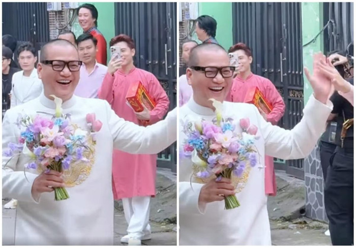 Chú rể Nguyễn Long cười tươi rói khi xuất hiện ở nhà gái. (Ảnh FBNV)