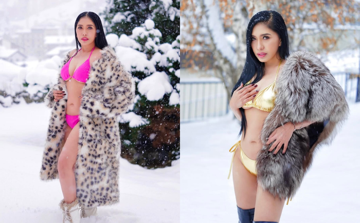 Người mẫu - Hoa hậu Ae Chutima gây 'đỏ mặt' khi đăng tải bộ ảnh diện bikini nhỏ xíu, không ôm hết vòng một chụp ở trời tuyết lạnh giá.