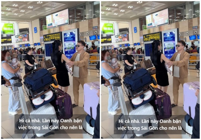 Phương Oanh và Shark Bình dành cho nhau cử chỉ tình tứ ngoài sân bay. (Ảnh chụp màn hình)