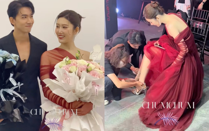 Thúy Ngân - Võ Cảnh 'phát cẩu lương' khi tham dự sự kiện. (Ảnh chụp màn hình TikTok Chumchum)