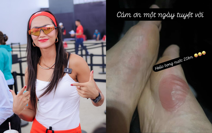 H'Hen Niê vui vẻ, lạc quan xuyên suốt khoảng thời gian diễn ra cuộc thi chạy dù phải chịu đau đớn ở vùng bàn chân. Ảnh: FBNV