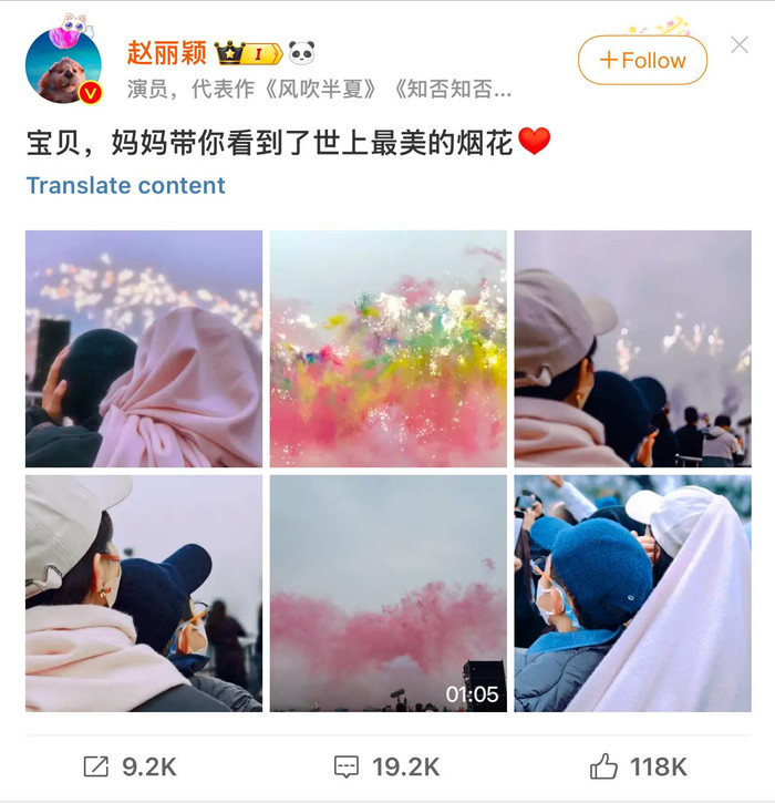 Triệu Lệ Dĩnh đưa con trai Tưởng Tưởng đi xem pháo hoa