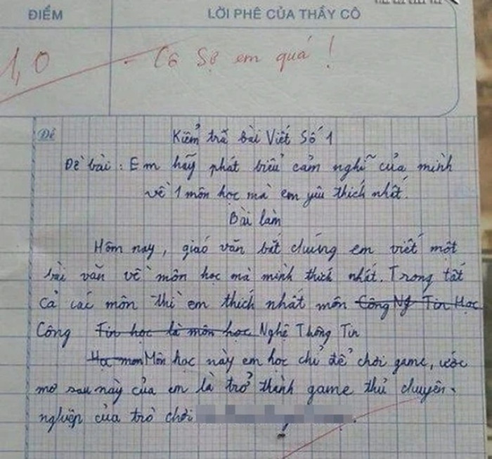 Bài văn kể về môn học yêu thích chỉ đạt 1 điểm kèm lời phê gây chú ý của cô giáo