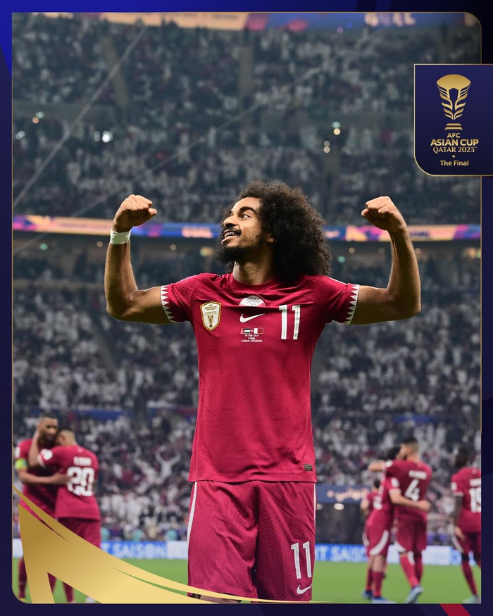 Ngôi sao Akram Afif ghi 3 bàn trên chấm 11 m giúp Qatar hạ Jordan 3-1 để vô địch Asian Cup 2023. Ảnh: AFC