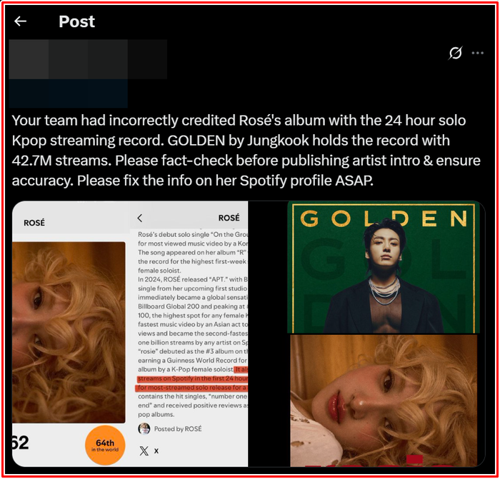 Spotify ghi nhận sai kỷ lục của Rosé, fan BTS đòi công bằng cho Jungkook Ảnh 2