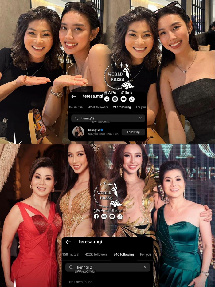Vừa gặp mặt Thùy Tiên, bà Teresa tỏ thái độ vui vẻ và nhấn theo dõi nàng hậu nhưng sang hôm sau, cộng đồng mạng phát hiện phó chủ tịch Miss Grand lại hủy hành động trên. (Ảnh: Wpress)