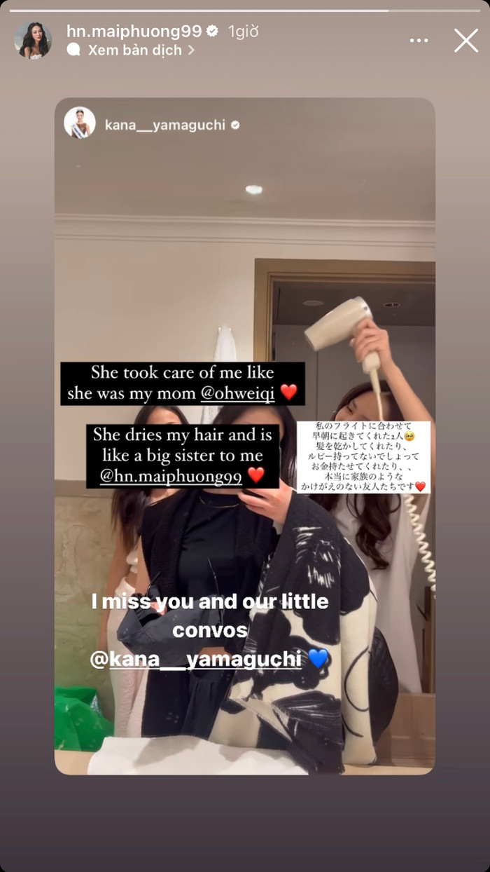 Hoa hậu Mai Phương gây ấn tượng với Hoa hậu Kana Yamaguchi bởi sự tinh tế, chu đáo. Ảnh: Instagram hn.maiphuong99