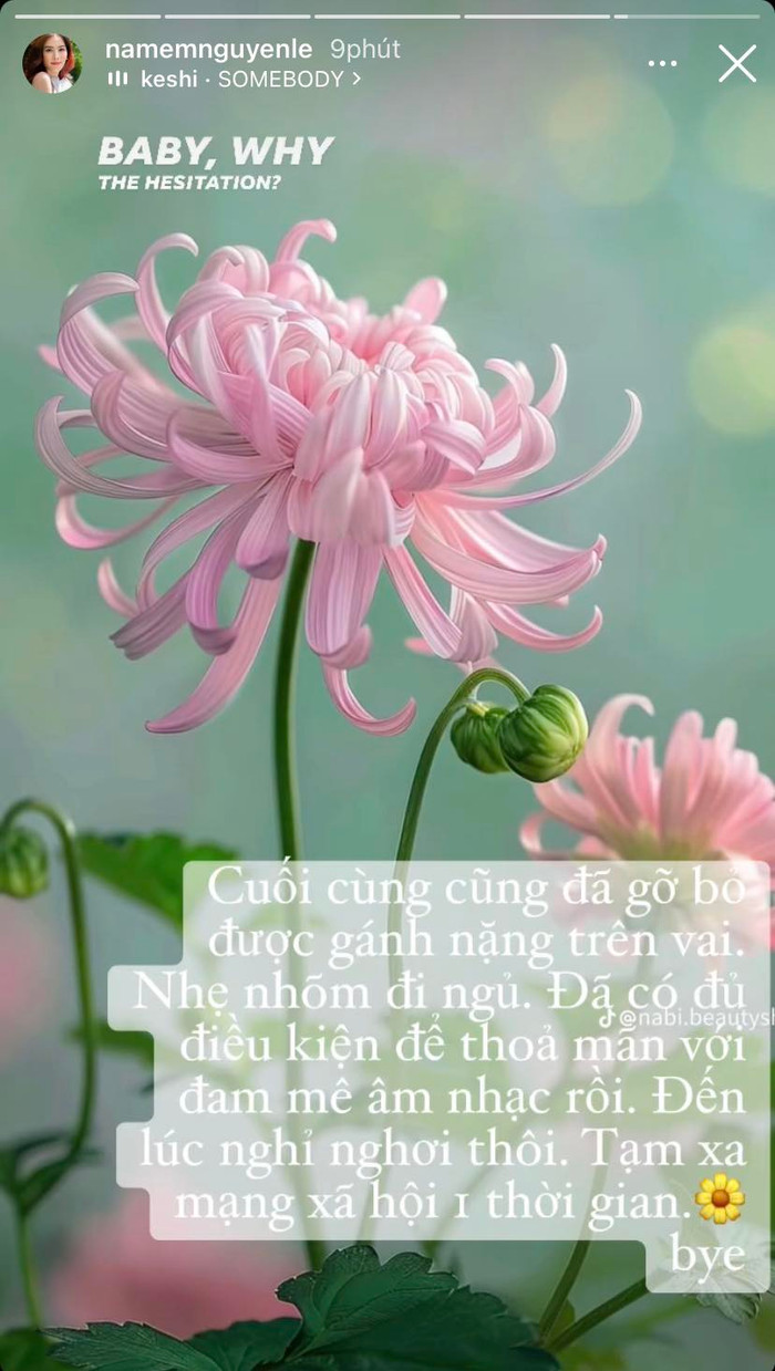 Nam Em mong muốn được nghỉ ngơi sau một thời gian làm việc chăm chỉ. Ảnh: Instagram namemnguyenle