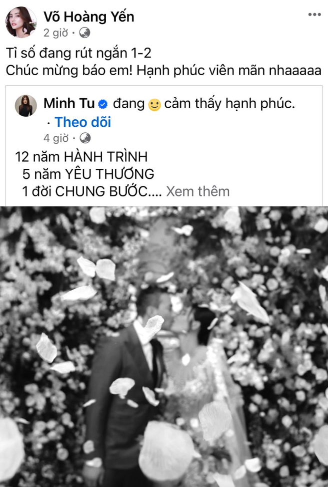 Võ Hoàng Yến chia sẻ bài viết chúc mừng Minh Tú lấy chồng, khoe nhẹ việc rút ngắn tỉ số 2-1.