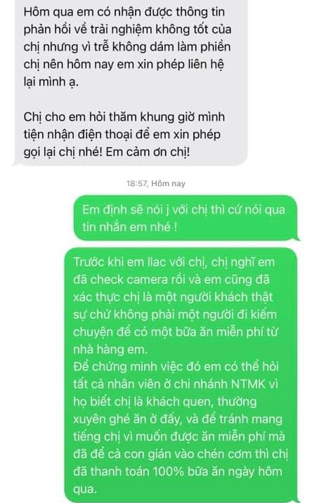 Phía nhà hàng cũng nhiều lần liên hệ để giải quyết sự cố.