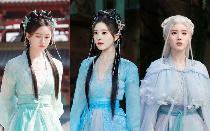 Triệu Lộ Tư được kết hợp một cách khéo léo các sắc xanh khác nhau trên trang phục, cộng với phụ kiện phù hợp để bắt mắt hơn. 