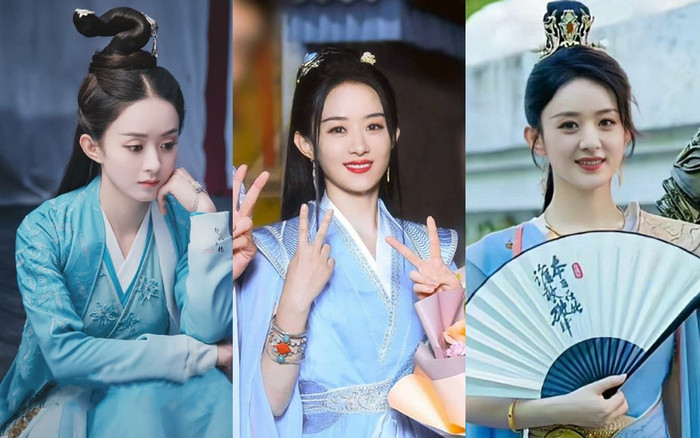 Triệu Lệ Dĩnh được nhận xét có vẻ đẹp dịu dàng, phúc hậu khi diện cổ phục xanh. 