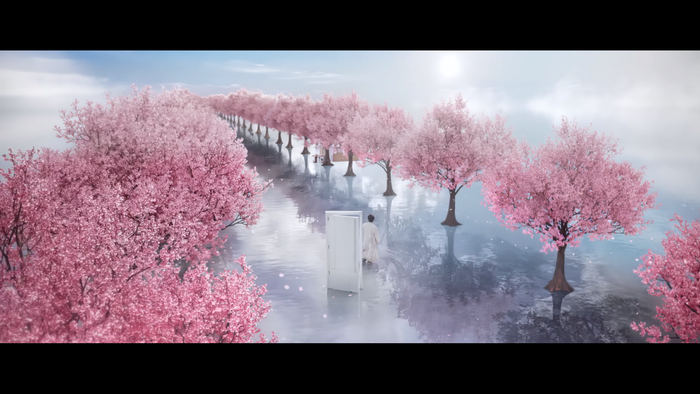 Hình ảnh Sơn Tùng bước ra không gian tràn ngập sắc hồng của những cây hoa anh đào.