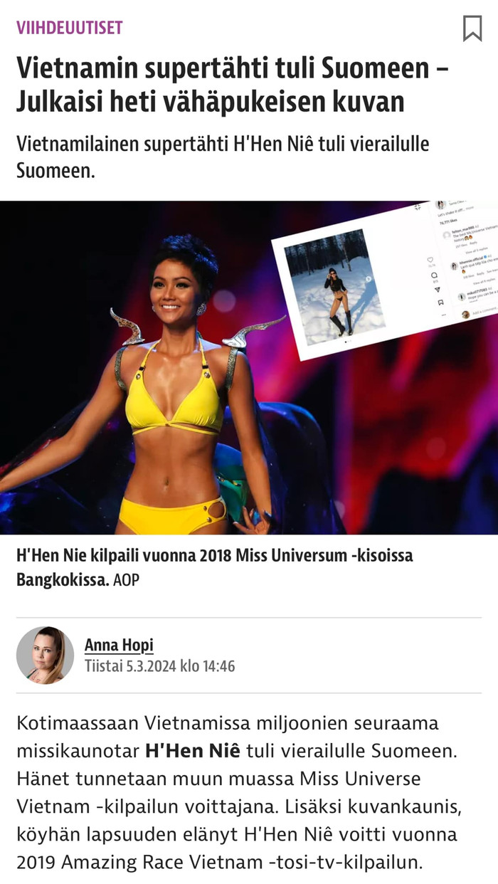 Một trang tin tại Phần Lan đưa tin về H'Hen Niê, gọi nàng hậu là 'siêu sao của Việt Nam'.