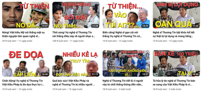 Loạt video liên quan đến ồn ào giữa nghệ sĩ Thương Tín và nhạc sĩ Tô Hiếu đang thu hút khá nhiều lượt xem. Ảnh chụp màn hình.