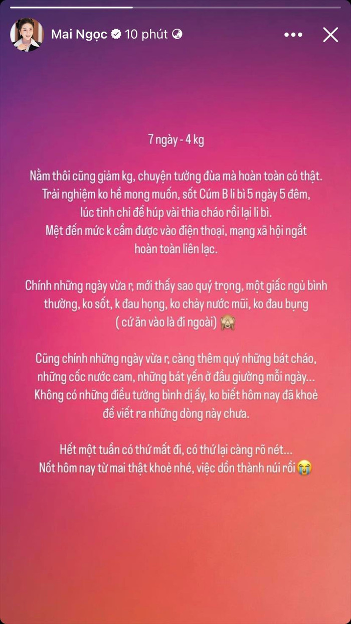 Story mới nhất của MC Mai Ngọc ở trên trang cá nhân. Ảnh: FBNV