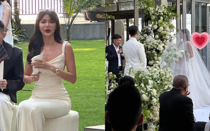 Hậu đêm tân hôn tất bật, Minh Tú rạng rỡ đến dự đám cưới Cao Thiên Trang Ảnh 2