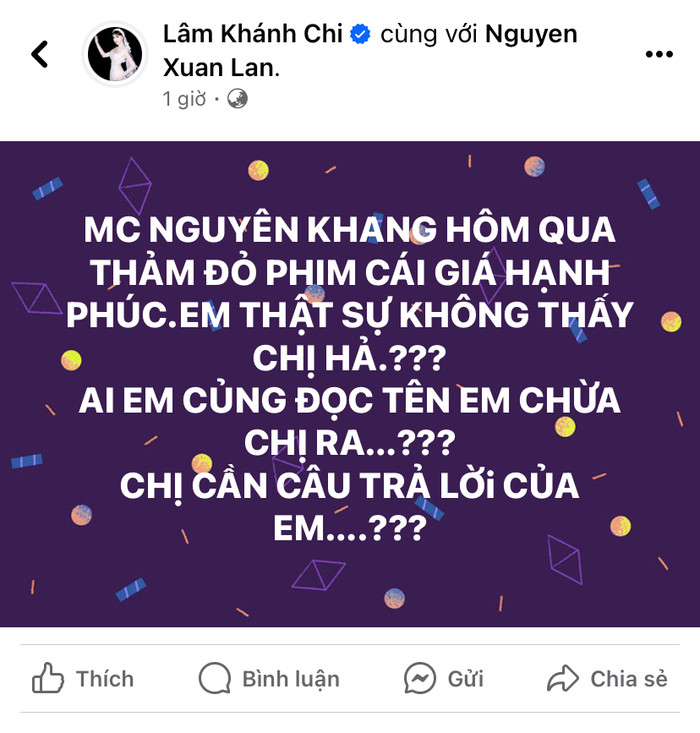 Lâm Khánh Chi 'réo tên' MC Nguyên Khang ở trên tài khoản cá nhân. Ảnh: Chụp màn hình