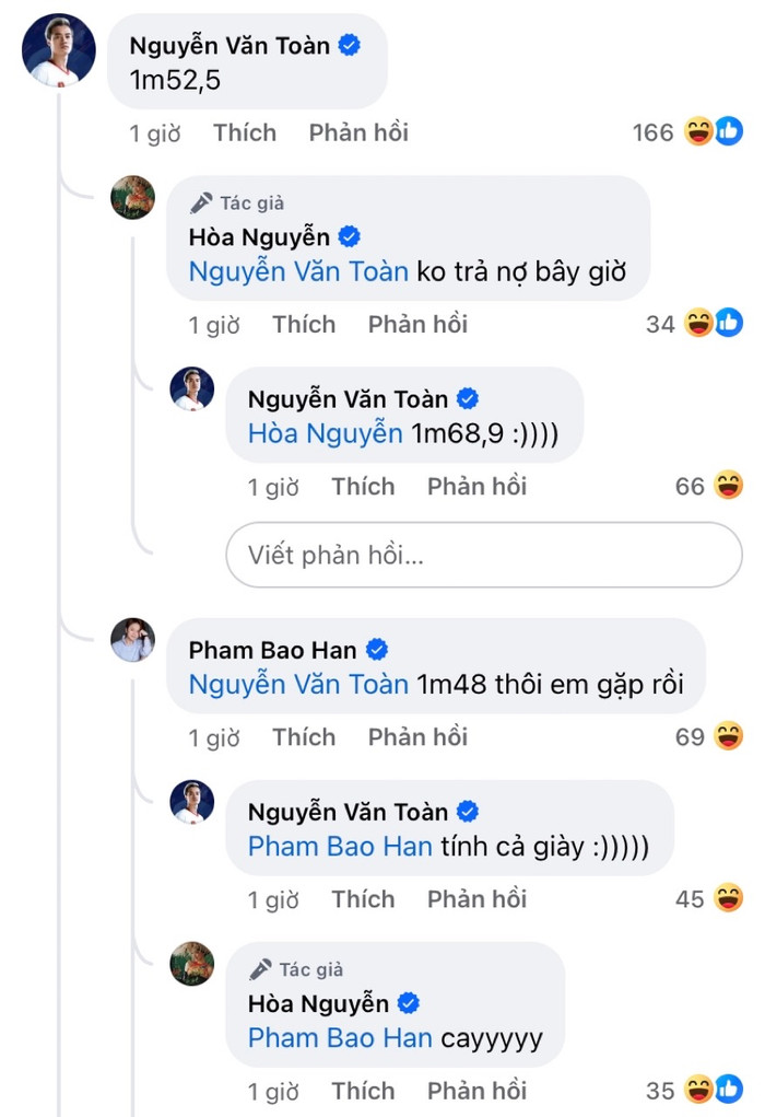 Hòa Minzy bất lực để lại bình luận 'Cay' trước màn trêu đùa của Văn Toàn và Bảo Hân cùng nhiều người bạn thân thiết. Ảnh: Chụp màn hình