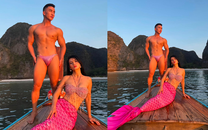 Siêu mẫu Anh Thư hóa nàng tiên cá, thả dáng nóng bỏng bên mẫu nam diện bikini nhỏ xíu Ảnh 2