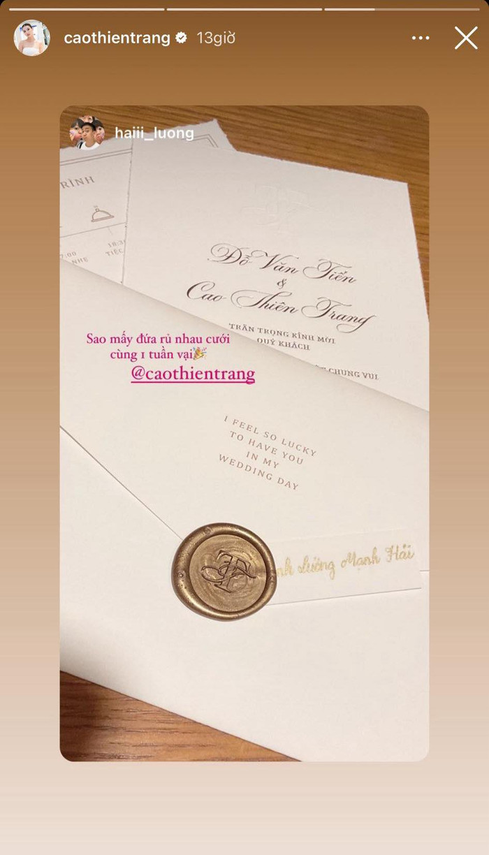 Đạo diễn Lương Mạnh Hải là khách mời đầu tiên xác nhận tham dự hôn lễ của Cao Thiên Trang. 