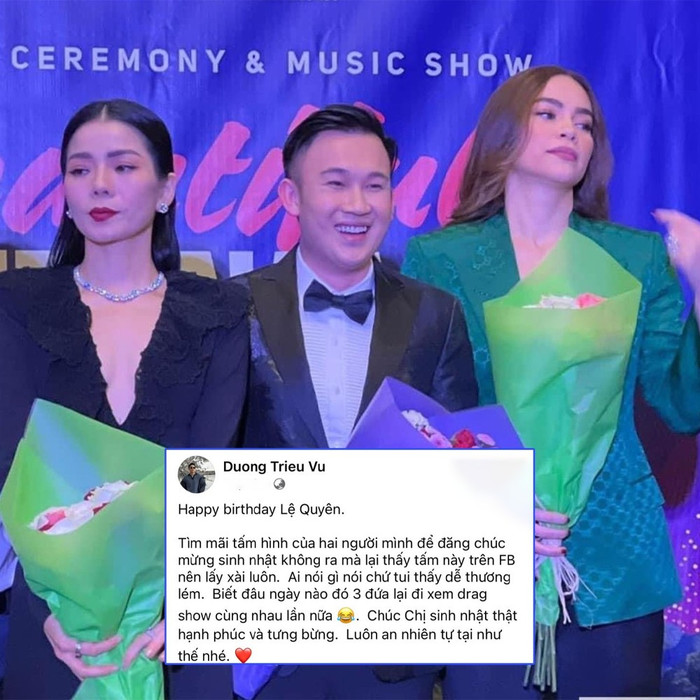 Dương Triệu Vũ được gọi với cái tên mới là 'Đại sứ hòa bình' khi bỗng nhiên đăng ảnh chụp chung với Hà Hồ để chúc mừng sinh nhật Lệ Quyên.