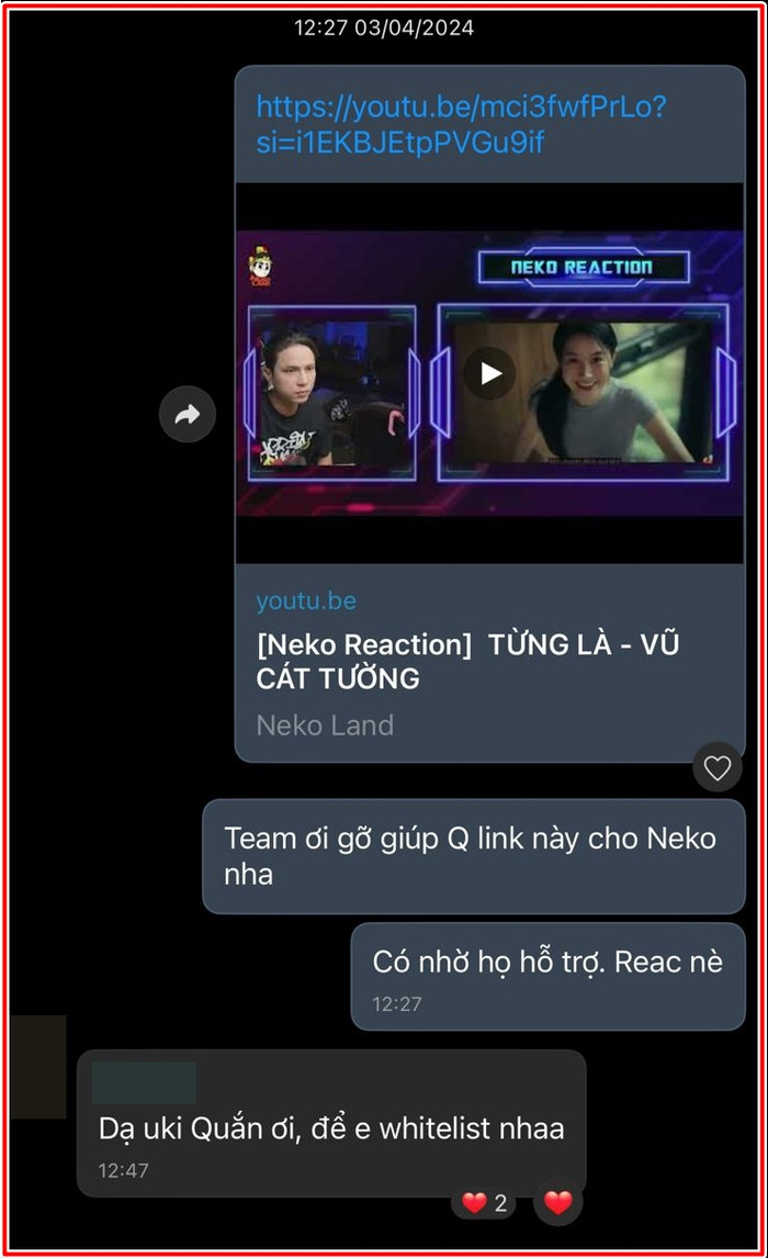 Trợ lý của Vũ Cát Tường liên hệ đối tác xử lý sự cố vào trưa ngày 3/4 nhưng sau đó được thông báo Neko Lê đã xóa video.  