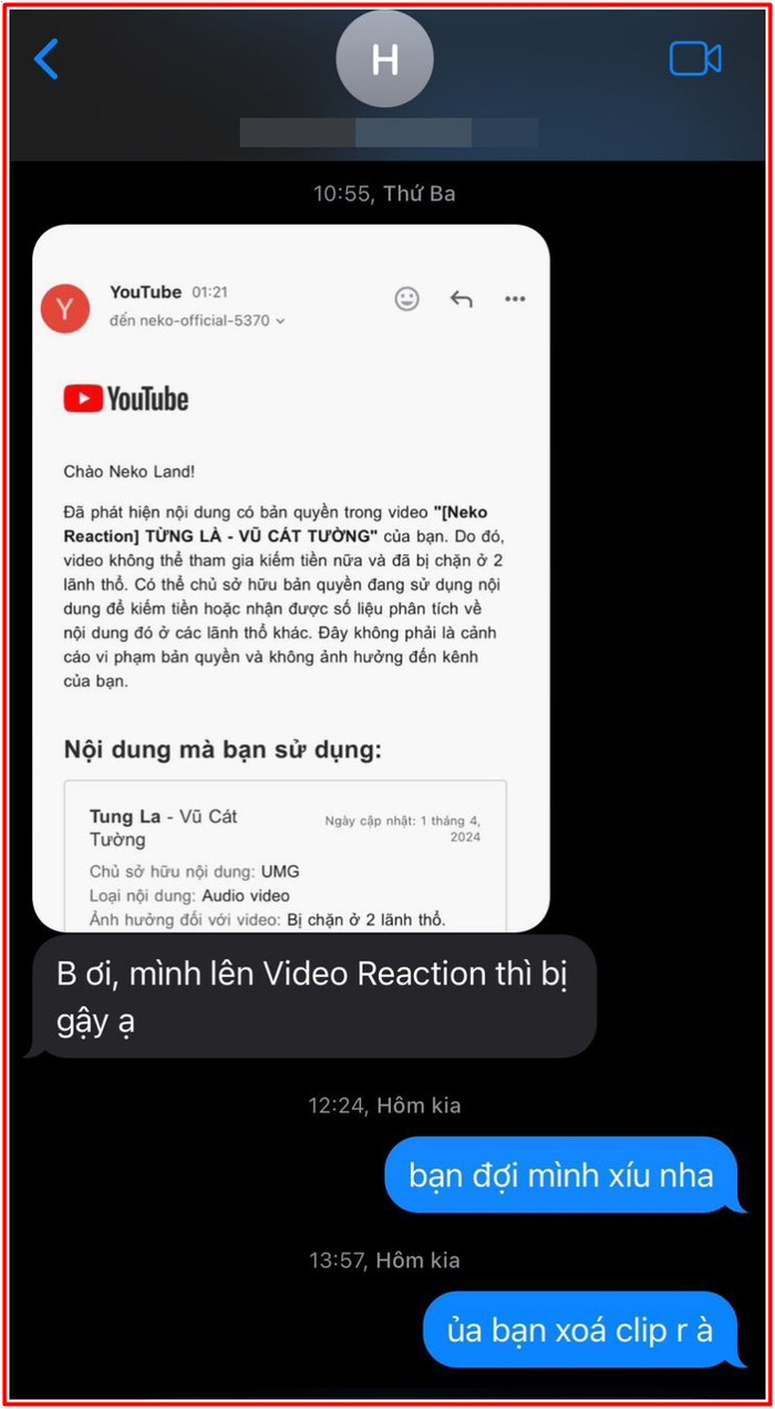 Ngày 2/4, phía Neko Lê thông báo video reaction đã bị đánh bản quyền. 