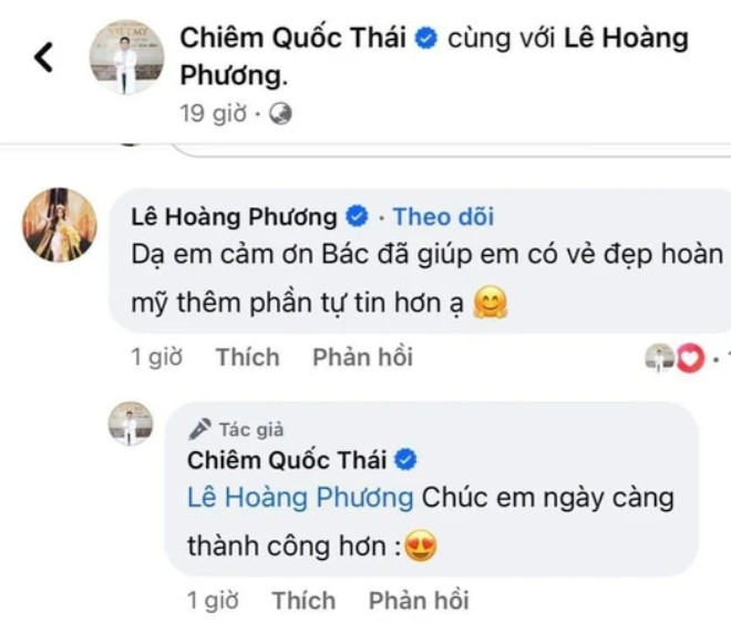 Tài khoản tick xanh 'Lê Hoàng Phương' bình luận trên bài viết của Facebook 'Chiêm Quốc Thái'