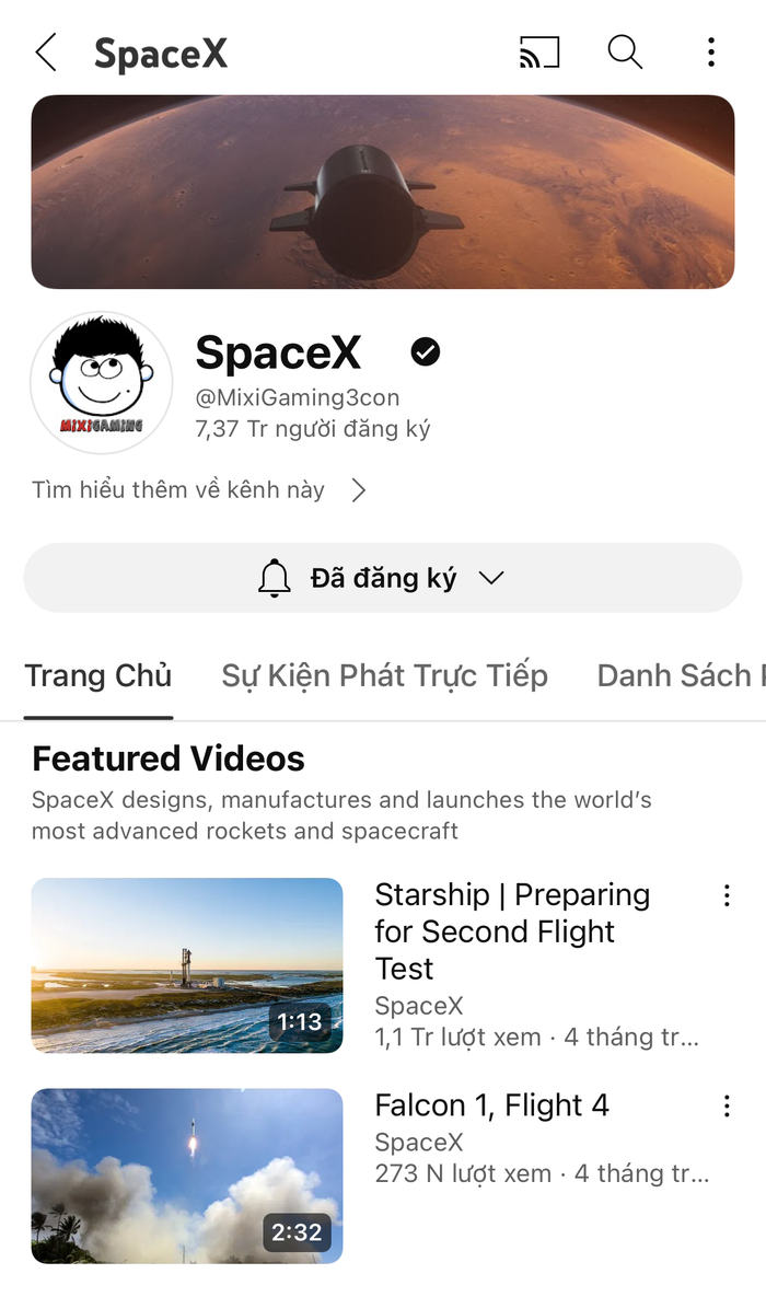 Kênh YouTube của Độ Mixi bị đổi tên và ảnh bìa liên quan đến SpaceX. Ảnh chụp màn hình.
