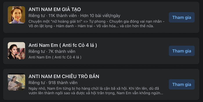 Từng hội nhóm antifan của Nam Em đều ngót nghét cả nghìn thành viên.