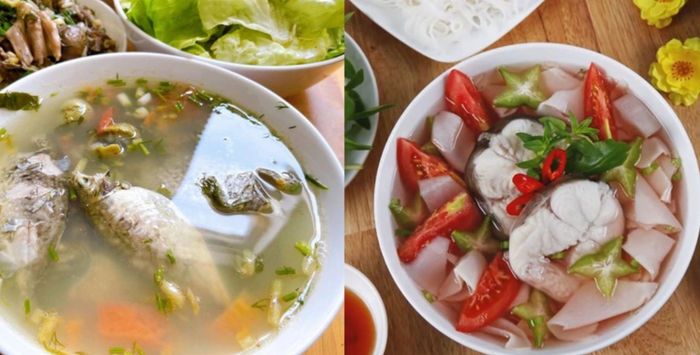 Canh chua cá nấu với sấu (trái) và nấu với măng chua.