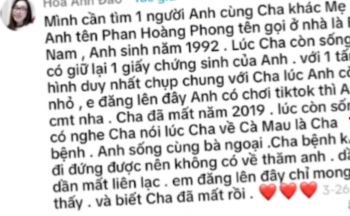 Cô gái đã đăng thông tin tìm kiếm người thân trên mạng xã hội.