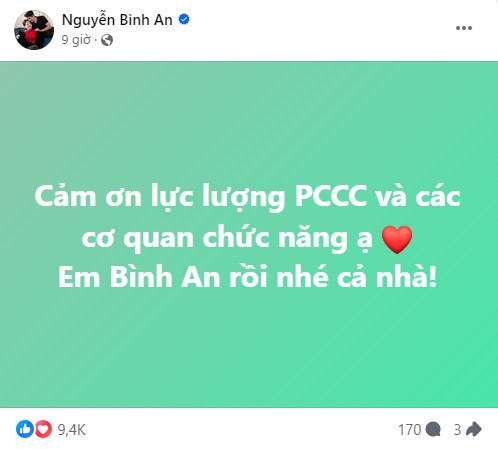 Diễn viên Bình An cập nhật tình hình sau vụ hỏa hoạn.