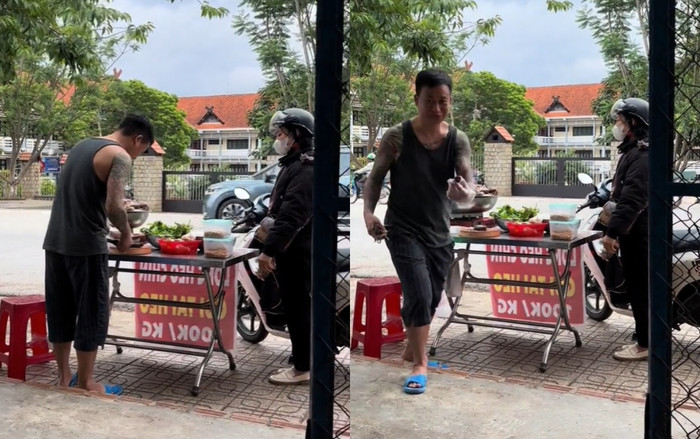 Hình ảnh bạn trai Nam Em bán thịt heo khiến dân mạng ngỡ ngàng.